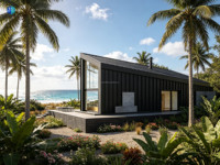 Maison préfabriquée modulaire en métal noir avec grandes fenêtres vitrées pleine hauteur, design moderne pour villa de glamping, bureau ou bâtiment