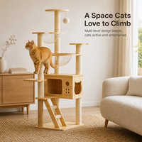 Arbre à chat multi-niveaux en bois massif avec poteaux à gratter en corde de sisal, bols en acrylique et condo en bois pour chats d'intérieur