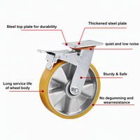 Roues pivotantes industrielles personnalisées en aluminium avec moyeu en PU, roulettes robustes en polyuréthane pour chariot avec frein latéral et plaque pivotante