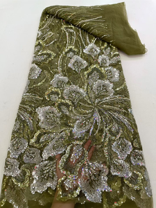 Tissu en dentelle tissée classique vert forêt mélangé argenté, lourdement perlé, motif floral, pour robe de mariée, robe de soirée XL7829 - Product Image 4