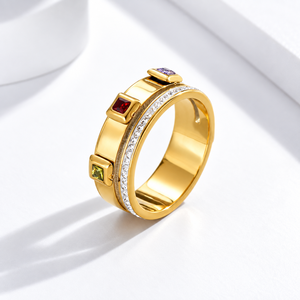 Gold Tone Double Band <b>Ring</b> with Multicolor Square Accents and Clear Stone Row Layered <b>Statement</b> Jewelry - Product Image 1