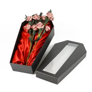 Crown win cardboard black velvet coffin ring flower paper boxes for bouquets with transparent window shipping black paper boxes