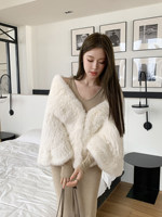 Châle carré en fourrure de lapin tricoté épais de style coréen, cape en vraie fourrure à volants haut de gamme pour l'hiver, étole de mariée en fourrure