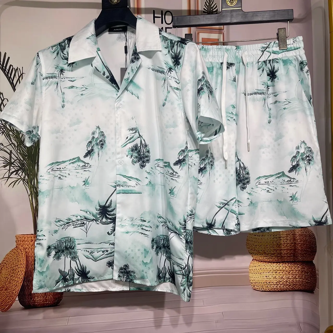 2024 ग्रीष्मकालीन ट्रेंडी डिजाइनर आम्र पुरुषों की शर्ट सूट शॉर्ट्स 3डी डिजिटल प्रिंटिंग लैंडस्केप पेंटिंग पैटर्न हवाईयन शर्ट