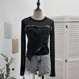 T-shirt a maniche lunghe con <span class=keywords><strong>frange</strong></span> irregolari in Denim GX-Plaid a rete in tessuto per snellire il corpo - Product Image 2