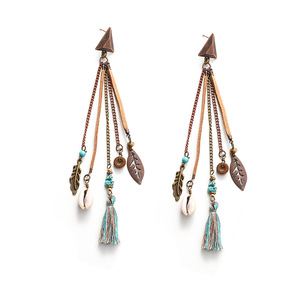 Boucles d'oreilles pendantes bohèmes pour femmes, en alliage plaqué bronze antique avec coquillage et plume, bijoux de fête - Product Image 5