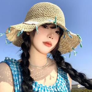 Women's Handmade Ribbon Woven Straw <b>Hat</b> Wide Brim Sun Protection Beach Vacation <b>Summer</b> Female Natural Grass Fisherman <b>Hat</b> - Product Image 4