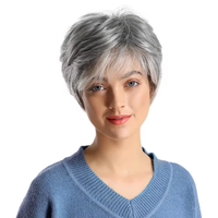 Perruques courtes blondes en cheveux humains mélangés, fabriquées à la machine, coupe pixie avec frange, pour femmes blanches, taille de bonnet moyenne, douces, personnalisables avec dentelle