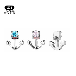 Clous d'oreille en titane en forme d'ancrage, incrustation de zircon 5A, alliage F136, filetage interne pour piercing du cartilage de l'oreille - Product Image 5