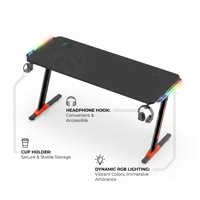 Bureau de jeu en forme de L, lumières RGB, surface en fibre de carbone, cadre en métal, porte-gobelet, crochet pour casque, accessoires de bureau de jeu