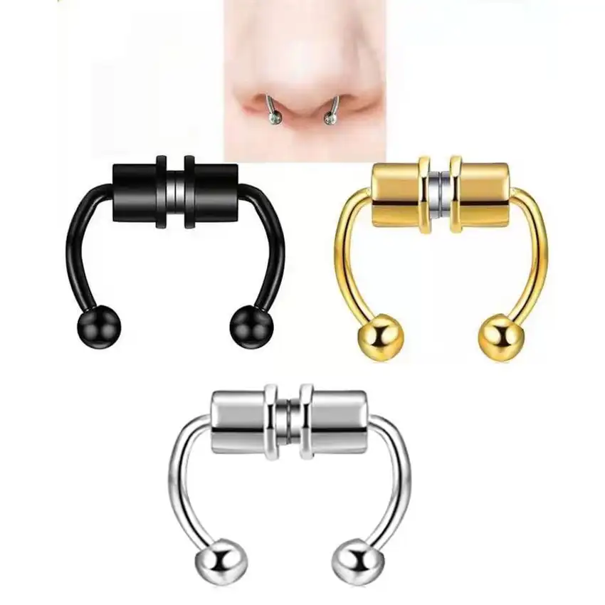 Fake Magnet Stud Men Non Faux Piercing Aimant Rings Non Piercing Ake Magnetic Clip On Septum Hoop Nose Ring Rhinestone Gift Set