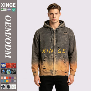 XINGE Sweat à capuche zippé personnalisé avec lettres dégradées, effet délavé vintage, style streetwear, pour la vente en gros - Product Image 1
