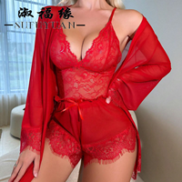 B1019 Vente en gros Ensemble de robe nuisette sexy pour femme avec décolleté plongeant en V, dentelle et maille transparente, bretelles spaghetti, vêtements de nuit et de détente