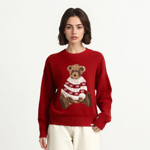 Áo len dệt kim jacquard hình gấu nữ 100% len, cổ tròn, hàng dệt kim tùy chỉnh, áo mùa đông dành cho nữ - Product Image 3