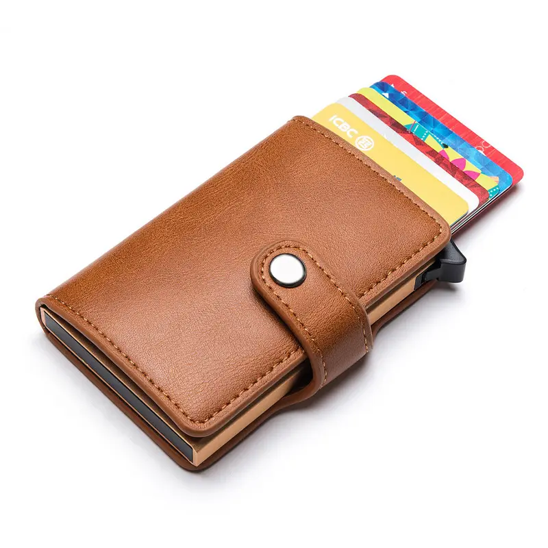 Factory Custom Stylish Metal Pop Up Credit Card Holder Front Pocket RFID Blocking PU Leather Card Holder Wallet With Money Clip