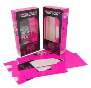 热粉色彩色印刷白色卡盒折叠酒瓶包装象牙板礼品盒带宠物透明窗口