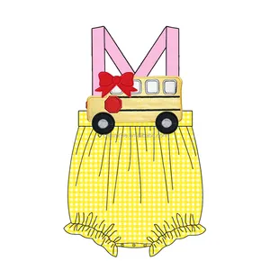 New Fashion Popular Back To School Dress School Bus Applique Yellow Seersucker Girl Dress