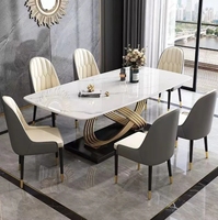 Ensemble de table à manger rectangulaire de luxe moderne avec chaises en métal pour la maison ou le restaurant, finition marbre, meubles de salle à manger