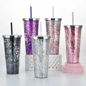 Reusable Boba Tumbler With Lid and Straw- Iridescent Cups, Glitter