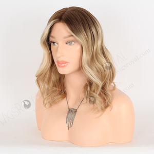 La apariencia del cuero cabelludo más natural 12 pulgadas El mejor cabello humano <span class=keywords><strong>corto</strong></span> ondulado Impresionante peluca marrón a rubia Ombre - Product Image 4