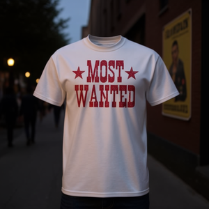 Camiseta Most Wanted con diseño de estrella y texto rojo en blanco, ajuste unisex - Product Image 1