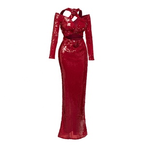 Usine de broderie faite à la main robes de soirée de haute qualité <span class=keywords><strong>dr</strong></span> robes de soirée de haute qualité <span class=keywords><strong>dr</strong></span> LF2036C robe de soirée rouge à paillettes entrecroisées licou robe à manches longues sirène fendue découpe épaule moulante coupe ajustée robe de soirée brillante robe de soirée à la mode robe de soirée tendance de la mode robes de soirée sur mesure - Product Image 2