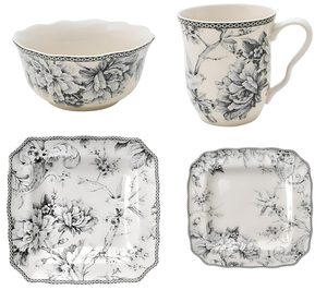 Vintage <b>Grey</b> Floral Bird Ceramic Dinnerware <b>Set</b> 16-Piece Square Plate Bowl <b>Mug</b> <b>Set</b> For 4 French Country Wedding Hotel Restaurant - Product Image 1
