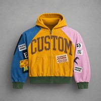 Sweat à capuche zippé pour homme en coton épais 100% avec blocs de couleur, style vintage délavé, patchwork, streetwear, pull personnalisé avec logo, fabricant