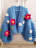 Cardigan tricoté pour femme à manches longues, motif floral brodé au crochet, avec nœud rose personnalisé, en maille épaisse, collection Hiver 2026
