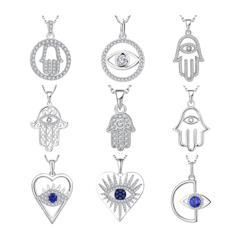 Fashion Cz Jewelry 925 Sterling Silver Hamsa Hand Eyes Pendant For Chain Pendant Necklace Charms