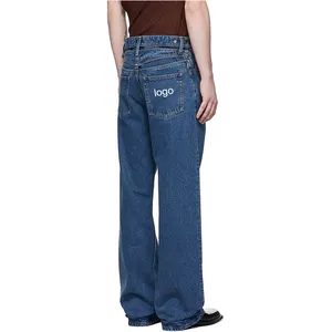 Мужские джинсы в стиле хип-хоп, современные джинсы в стиле ретро с индивидуальным логотипом на кармане, вырезами на талии, без стрейч, темно-синие