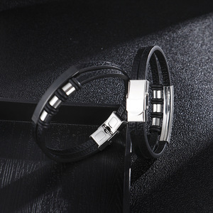 Nuovo <span class=keywords><strong>Bracciale</strong></span> in Pelle Fatto a Mano per <span class=keywords><strong>Uomo</strong></span>, Design Geometrico Multistrato <span class=keywords><strong>Intrecciato</strong></span> con Chiusura in Acciaio Inossidabile - Product Image 3