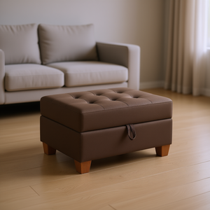 Pouf Contenitore Moderno in Tessuto Marrone con Top Trapuntato, Gambe in Legno Massello, Arredamento per Soggiorno - Product Image 2