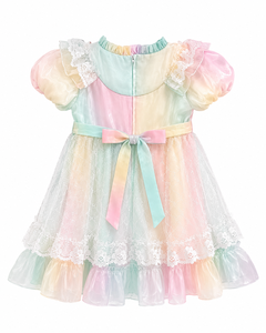 Elegante Vestido de Princesa para Niñas en Colores Pastel Arcoíris con Mangas Abullonadas, Adornos de Encaje y Lazos Decorativos para Fiestas de Cumpleaños - Product Image 1