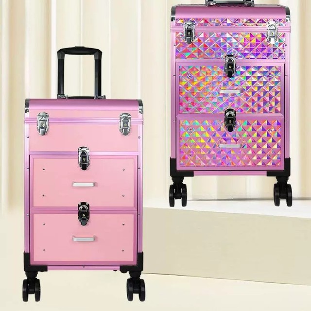 Professional 3-in-1 Large Rolling Trolley Makeup Case Open Durable Cosmetic Train Organizer Box Adjustable Dividers for Travel