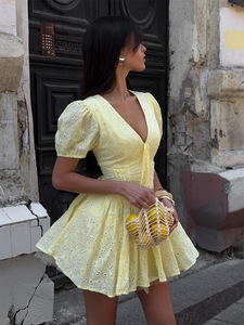 Mini Abito Giallo in Pizzo <span class=keywords><strong>da</strong></span> Donna, Scollo a V, Maniche Corte, Elegante, Aderente, Vestito <span class=keywords><strong>da</strong></span> <span class=keywords><strong>Sera</strong></span> per Donna - Product Image 3