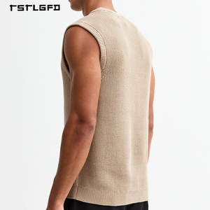 <span class=keywords><strong>Gilet</strong></span> Classico da <span class=keywords><strong>Uomo</strong></span> in Maglia a Costine Testurizzata con Collo Rotondo in <span class=keywords><strong>Beige</strong></span> Tinta Unita, Senza Maniche, per Vendita all'Ingrosso Minimalista - Product Image 5