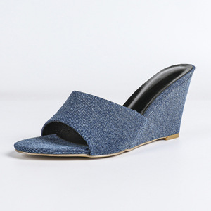 2026 Summer Women's Denim Open Toe Wedge <b>Sandals</b> Comfortable Gentle Slip-on High Heel Slide <b>Sandals</b> for Petite Ladies 8CM Heel - Product Image 5
