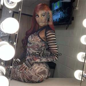 Langarm V-Ausschnitt Bare Midriff Tops Hose mit hoher Taille Damen Sets Mesh Striped Print 2-teiliges Set Damen - Product Image 4