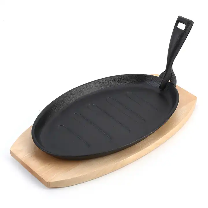 Solid Cast Iron Fajita Sizzler Skillet Pan With Wood Base & Handle, One Set