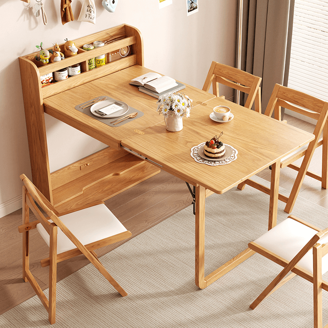 Multi-functional Luxury Solid Wood & Sintered Marble Extendable Foldable Dining Table with Island Unit for Dining Room Furniture