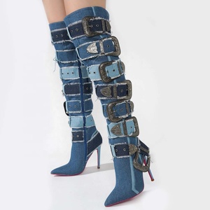 Custom Metal Belt Buckles Women Over Knee High Boots Slim Heels Denim Long <b>Booties</b> Sexy Punk Blue Stiletto Dress Shoes - Product Image 3