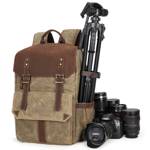 Sac à dos pour <span class=keywords><strong>appareil</strong></span> <span class=keywords><strong>photo</strong></span> et ordinateur portable en toile cirée et <span class=keywords><strong>cuir</strong></span> véritable, grande capacité, sac de voyage pour la photographie DSLR, déplacements quotidiens - Product Image 4