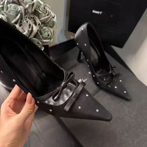 Zapatos de Tacón Alto para Mujer, Elegantes, Estilo Francés, con Lazo, Punta Cuadrada, Negros, con Pedrería, de Una Sola Capa, Tacón de 7-10 cm, de Goma - Product Image 4