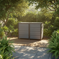 Abri de jardin extérieur compact en résine avec structure métallique résistante aux intempéries, double porte verrouillable et bac à déchets intégré