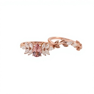 Natural Pink Tourmaline Bridal Ring Set 925 Sterling <b>Silver</b> & <b>Solid</b> Gold Fine Jewelry OEM ODM Wholesale Supplier - Product Image 1