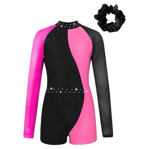 Enfants filles à manches longues col montant contraste couleur fermeture éclair dos combinaison cheveux cravate chapeaux gymnastique patinage danse <span class=keywords><strong>tenue</strong></span> - Product Image 5