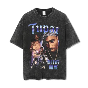 Camiseta masculina de algodão grosso de grandes dimensões High Street Hip Hop com estampa DTG vintage com gola redonda lavada com ácido