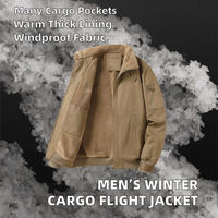 Blouson Bomber Vintage Homme Doublé Sherpa Coupe-Vent Épais Hiver Décontracté Style Aviateur Multiples Poches Fermeture Éclair Non-tissé Devant