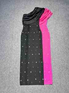 Robe bandage pour <span class=keywords><strong>femme</strong></span> ornée <span class=keywords><strong>de</strong></span> cristaux et <span class=keywords><strong>de</strong></span> diamants brillants, rouge rose uni et noir, asymétrique à une épaule, pour soirée <span class=keywords><strong>de</strong></span> célébration - Product Image 6